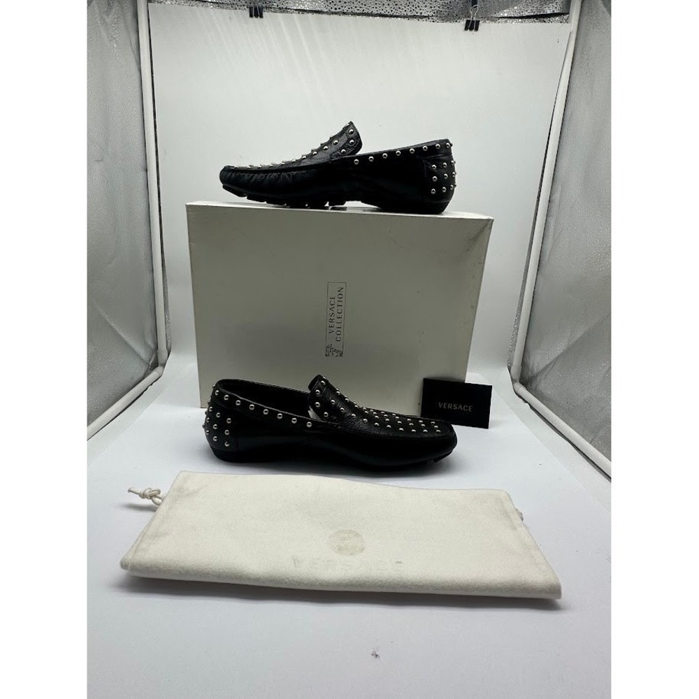VERSACE Men Studded Leather Loafers Black Gold DSU 4749 IT 40 US 7 New Box